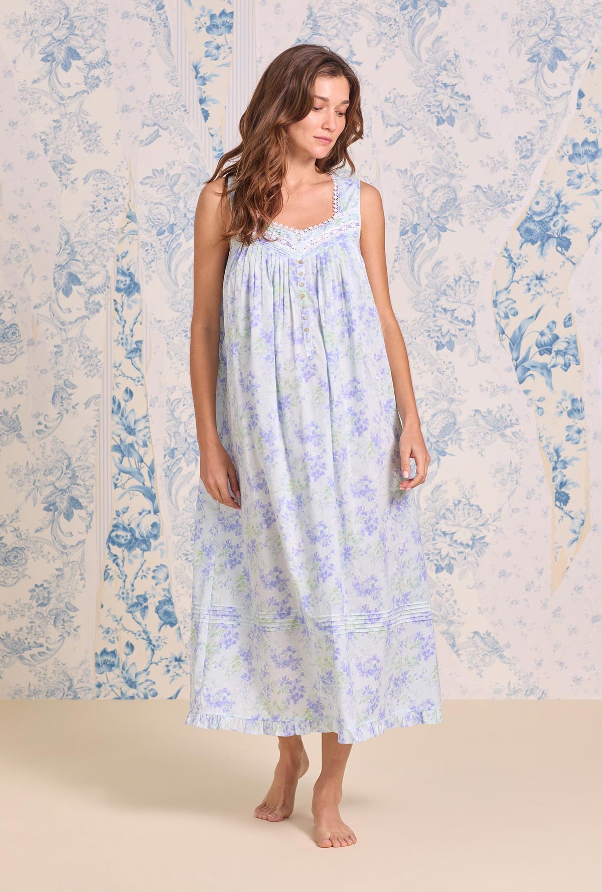 A Lady wearing The "Eileen" Aqua Bloom Cotton Lawn Ballet Nightgown