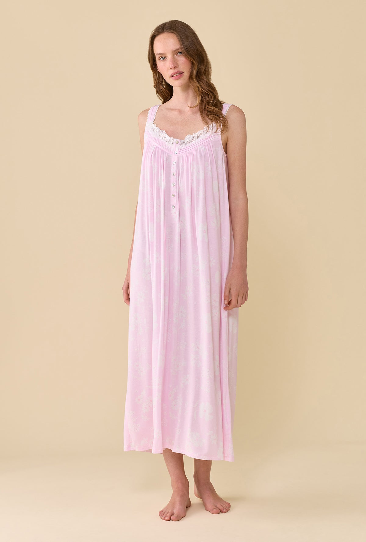 A Lady Wearing The "Eileen" Pink Posy Tencel™ Modal Ballet Nightgown