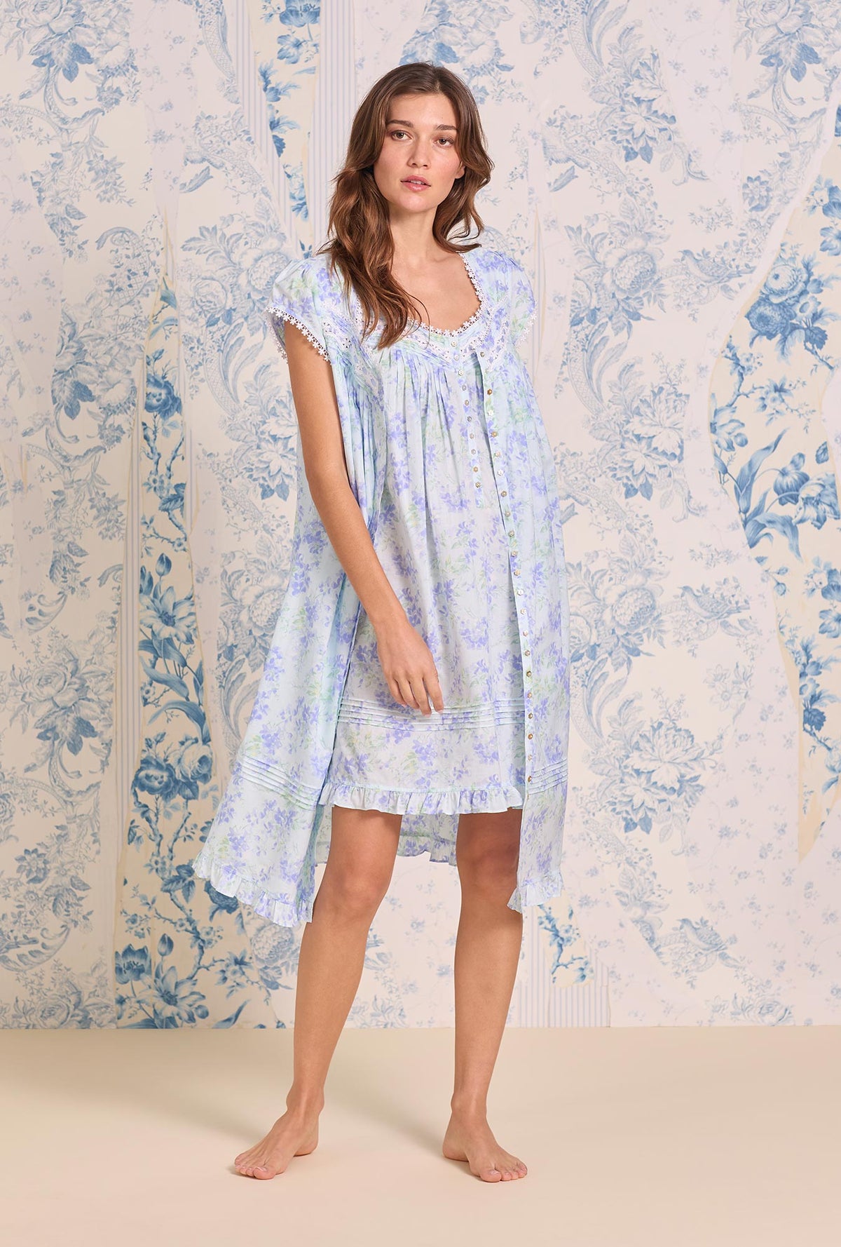 Aqua Bloom Cotton Lawn Short Button Front Robe