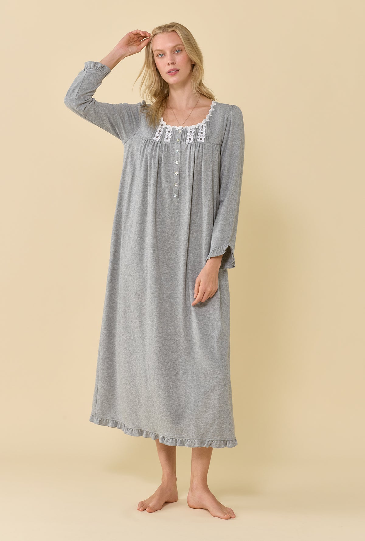 Grey Heather Cotton Rich Interlock Jersey Knit Long Sleeve Ballet Nightgown