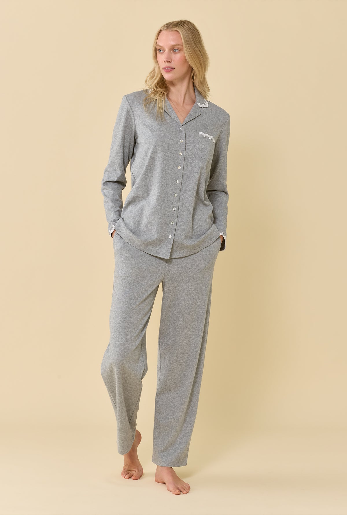 Grey Heather Cotton Rich Interlock Jersey Knit Long Sleeve Pajama Set