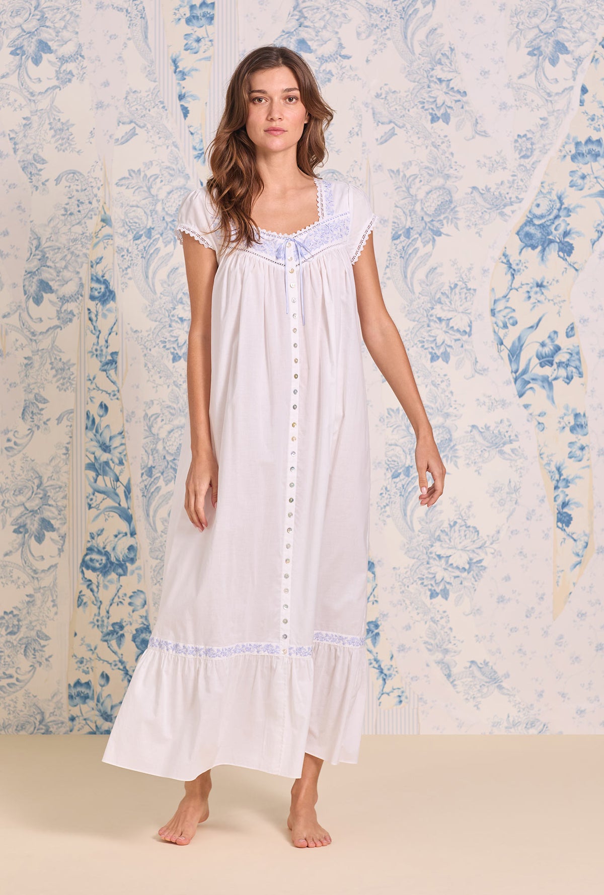 Iconic White Lavender Embroidered Cotton Lawn Button Front Robe