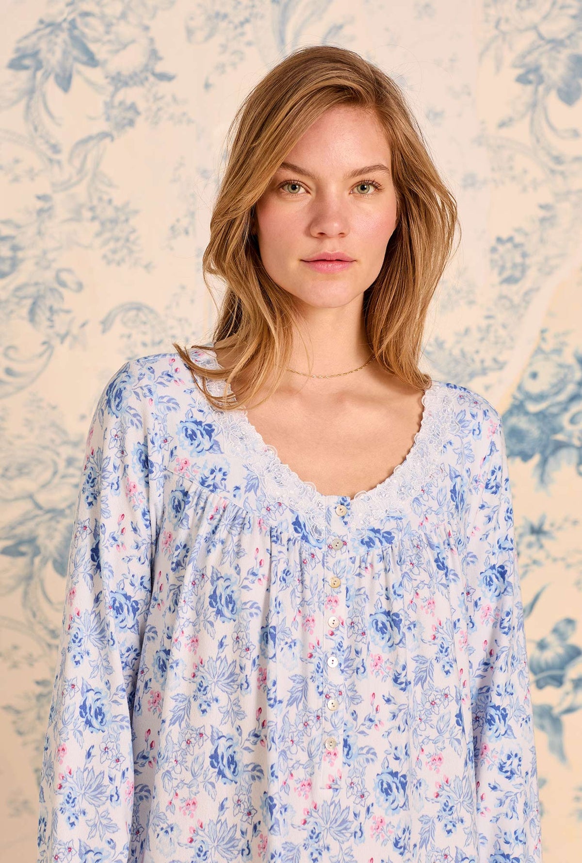 A lady wearing Floral Whisper Dream Sweater Knit Chemise
