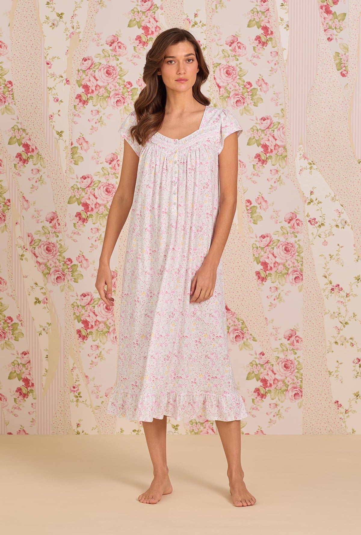 A Lady Wearing Strawberry Field Cotton Knit Cap Sleeve Ballet Nightgown