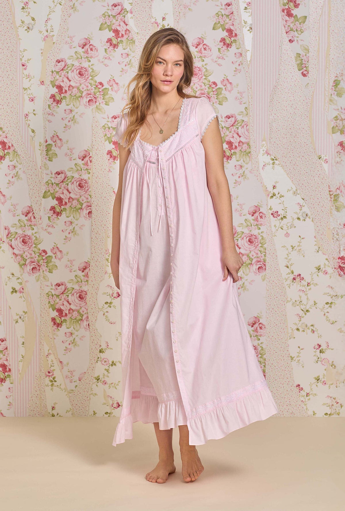A lady wearing Bare Rose Cotton Lawn Long Ballet Button Front Robe