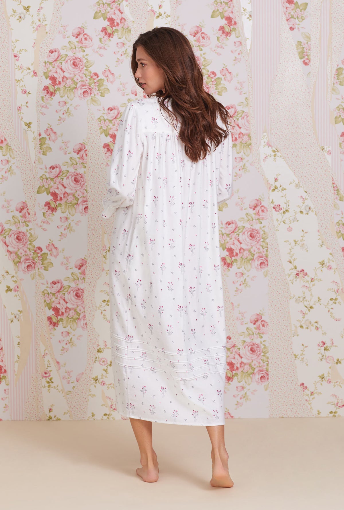 A lady wearing white Long Sleeve Cotton Flannel Long Sleeve Nightgown with Dream Bouquet  print