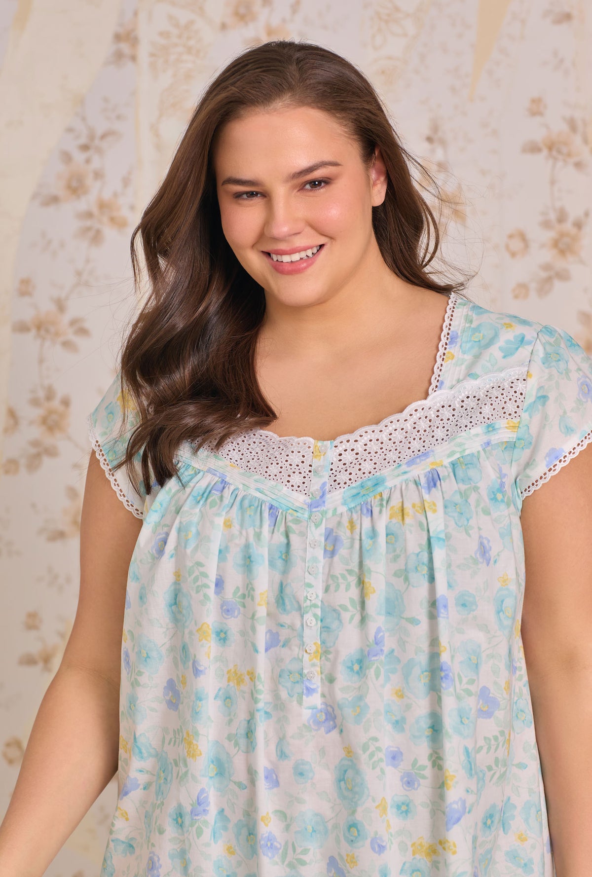 A lady wearing plus size Springwater Floral Nightgown closer look