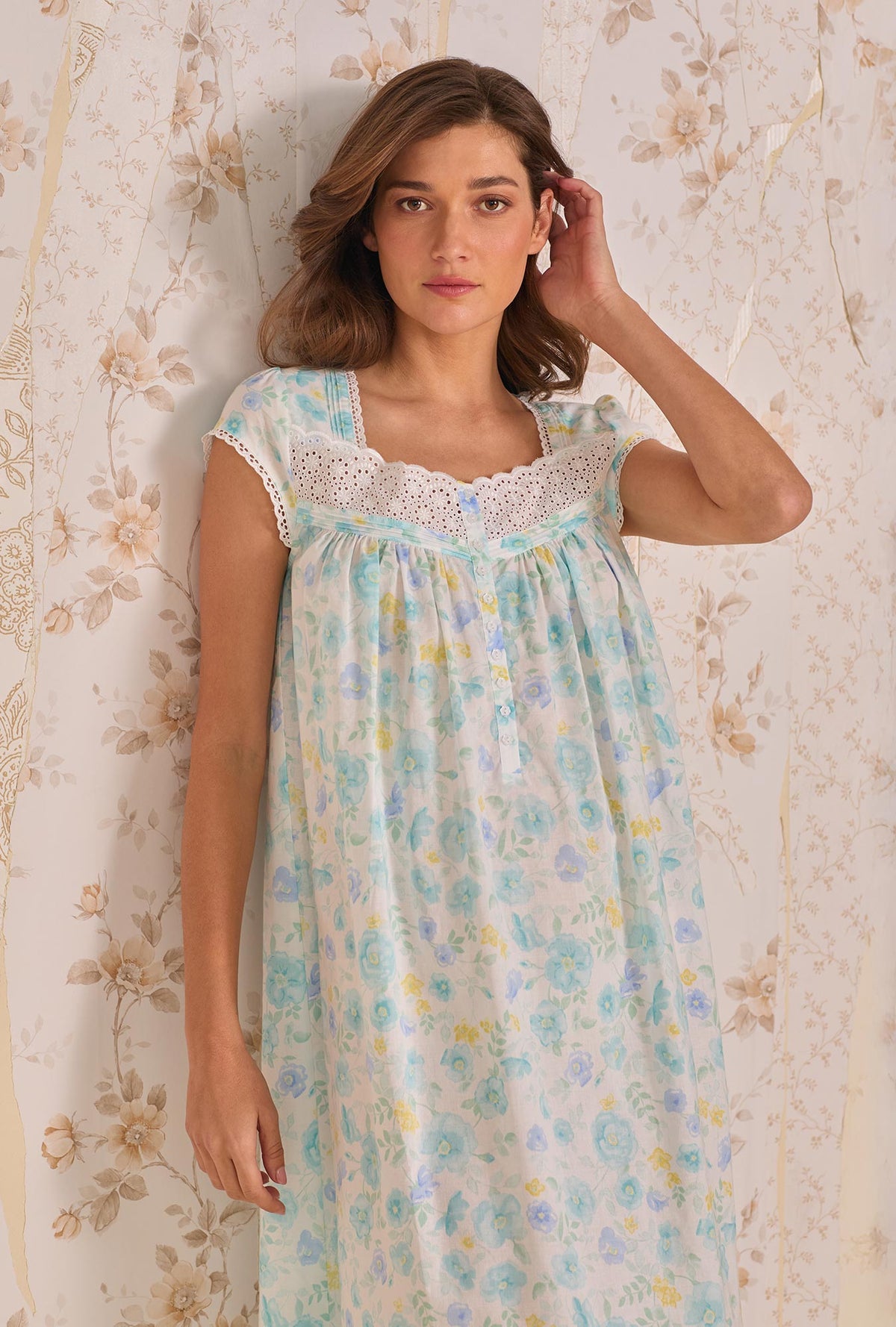 A lady wearing Springwater Floral Nightgown closer look