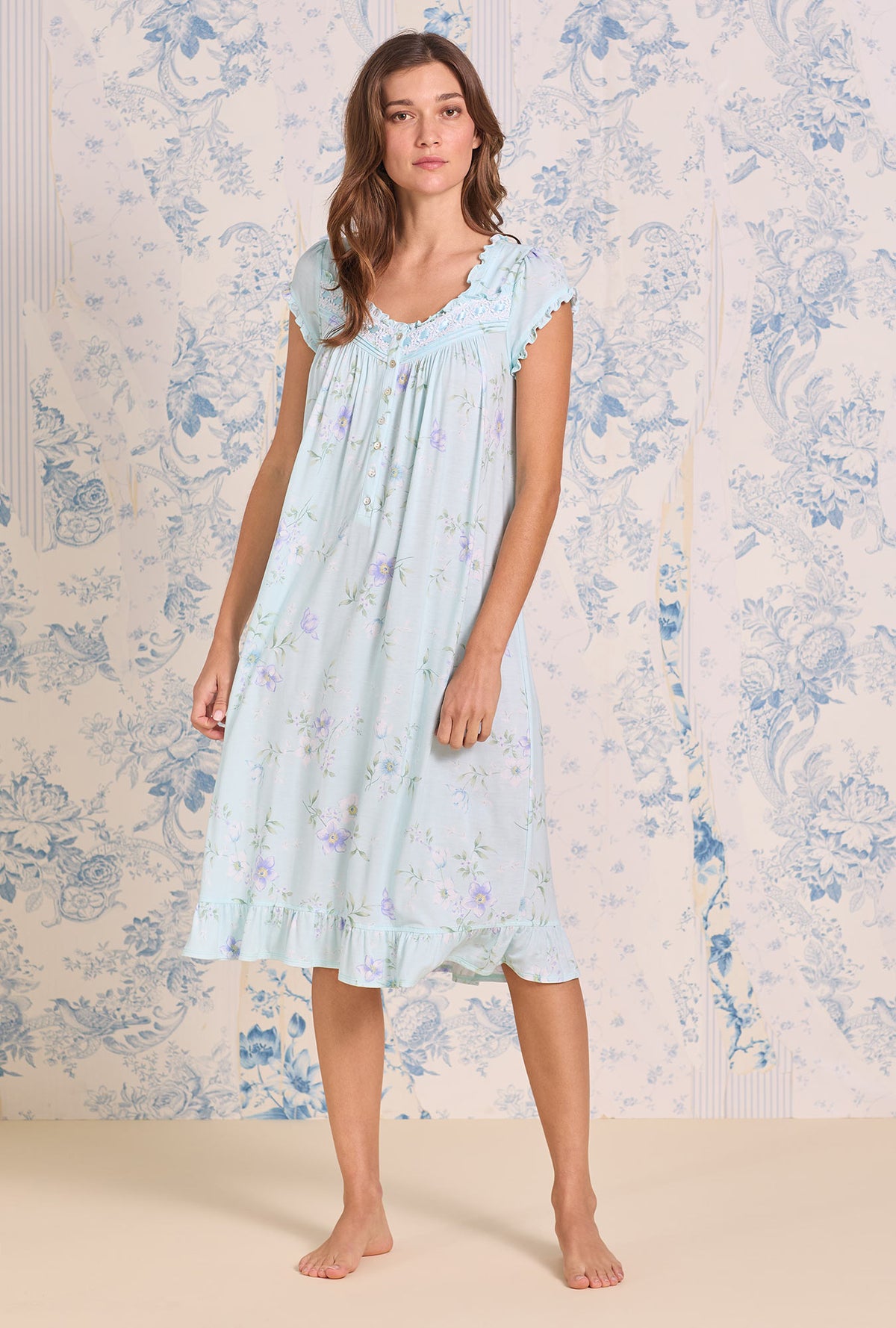 A lady wearing Hellebore Floral Modal Cap Sleeve Waltz Nightgown