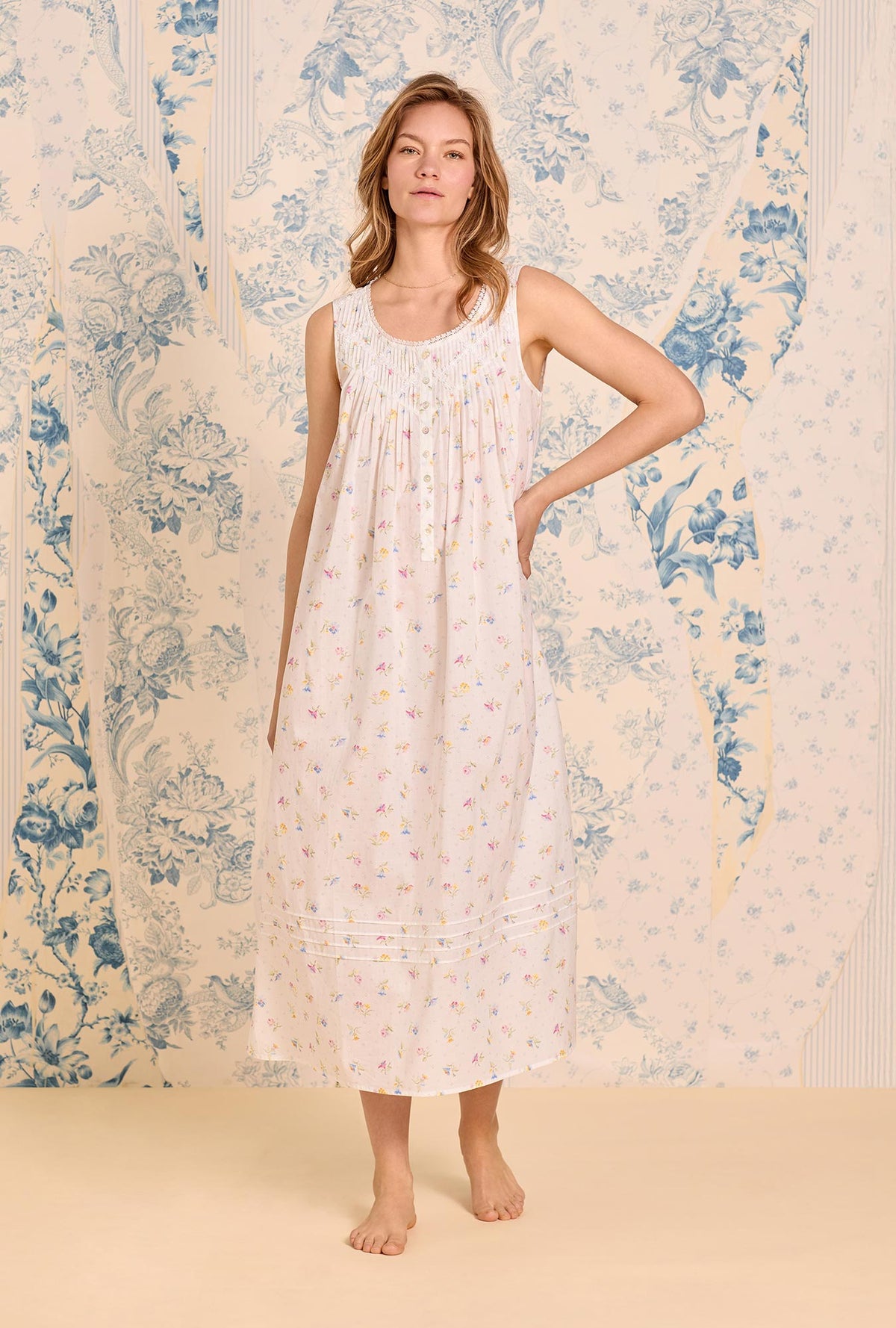 A lady wearing Cottage Posies Cotton Lawn Ballet Nightgown