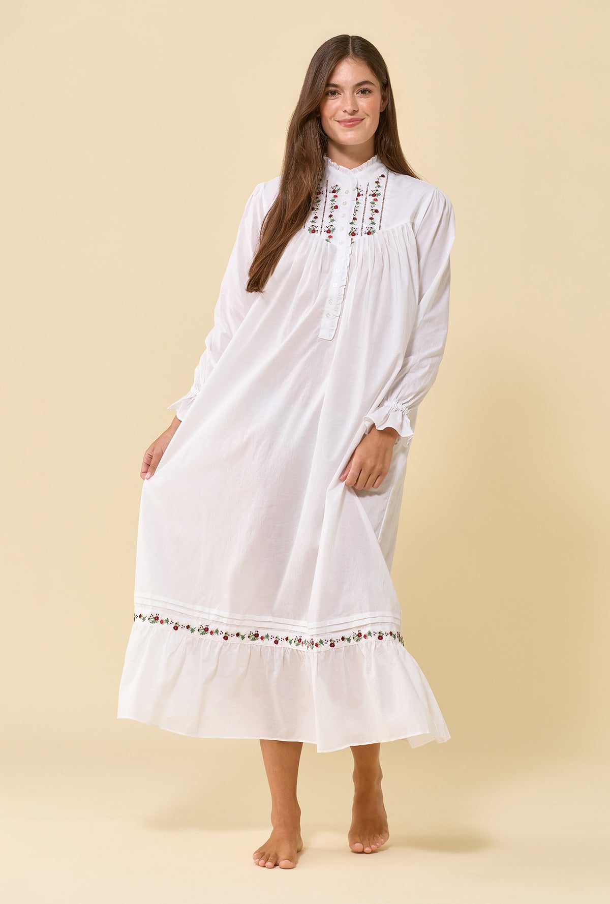 Soft White 100% Cotton Woven Lawn Rosevine Embroidered High Neck Long Sleeve Ballet Nightgown