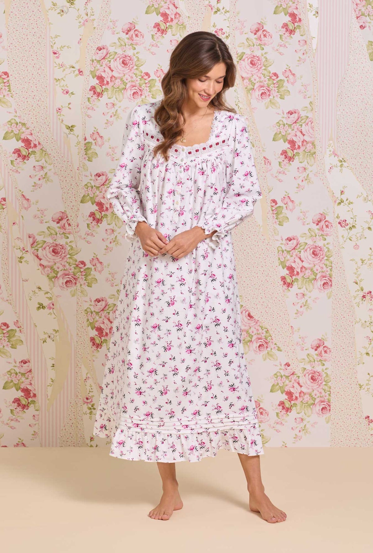 A lady wearing Winter Rosette Cotton Flannel Long Sleeve Ballet Nightgown
