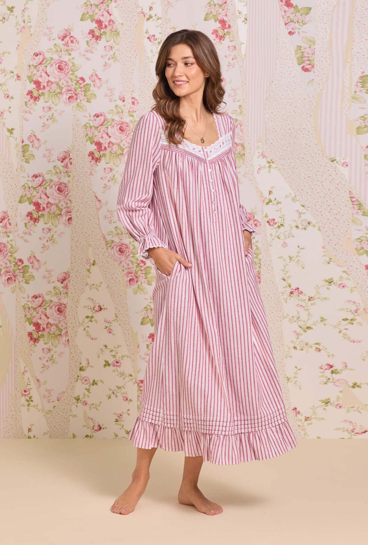 A lady wearing Hearth Stripe Cotton Flannel Long Sleeve Ballet Nightgown
