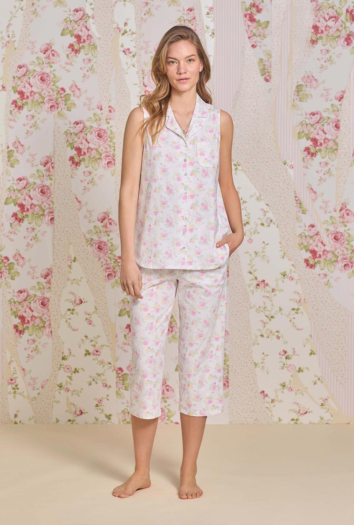 A lady wearing Sunlit Roses Cotton Knit Capri Pajama