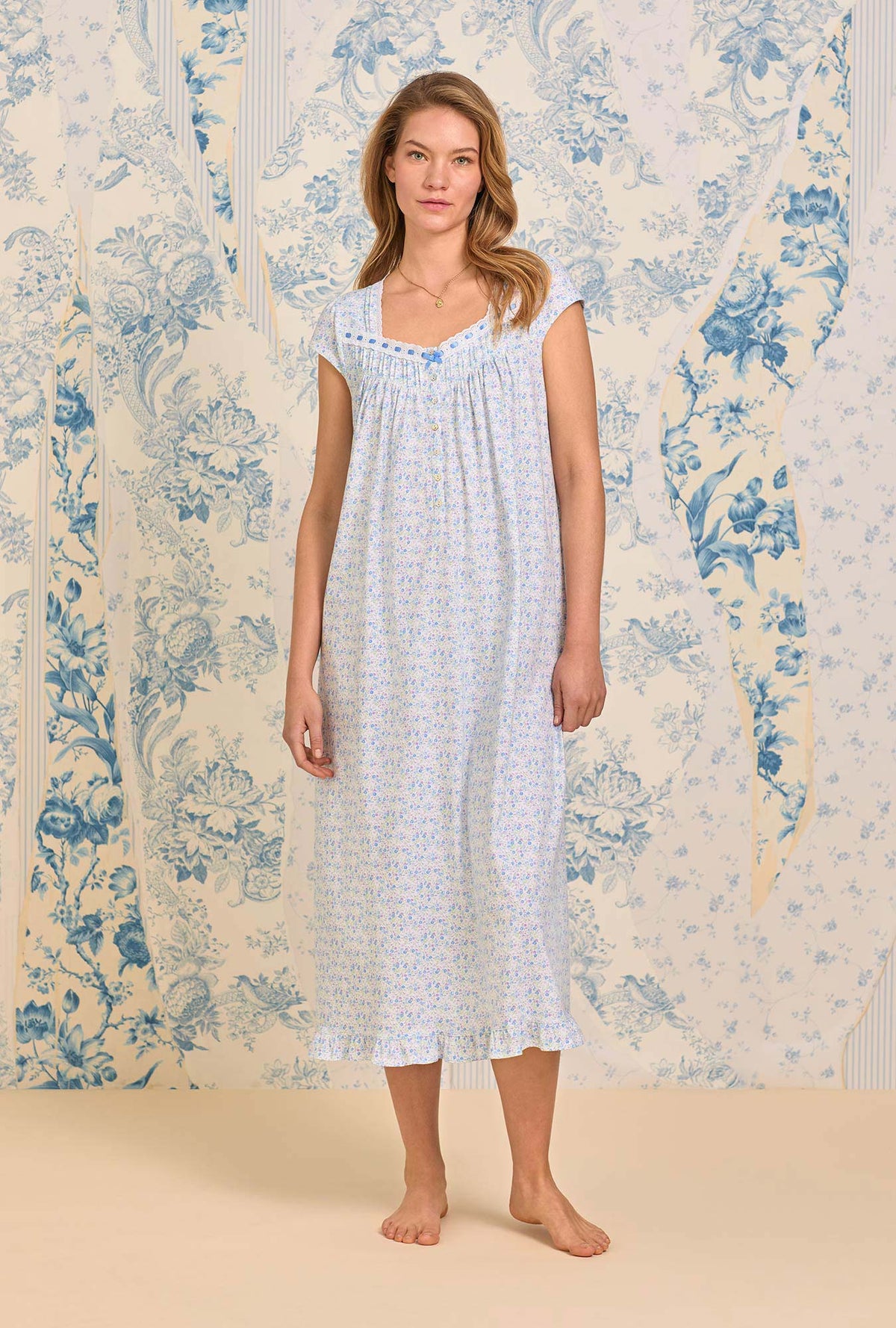 A lady wearing Blue Ditsy Cotton Knit Ballet Nightgown