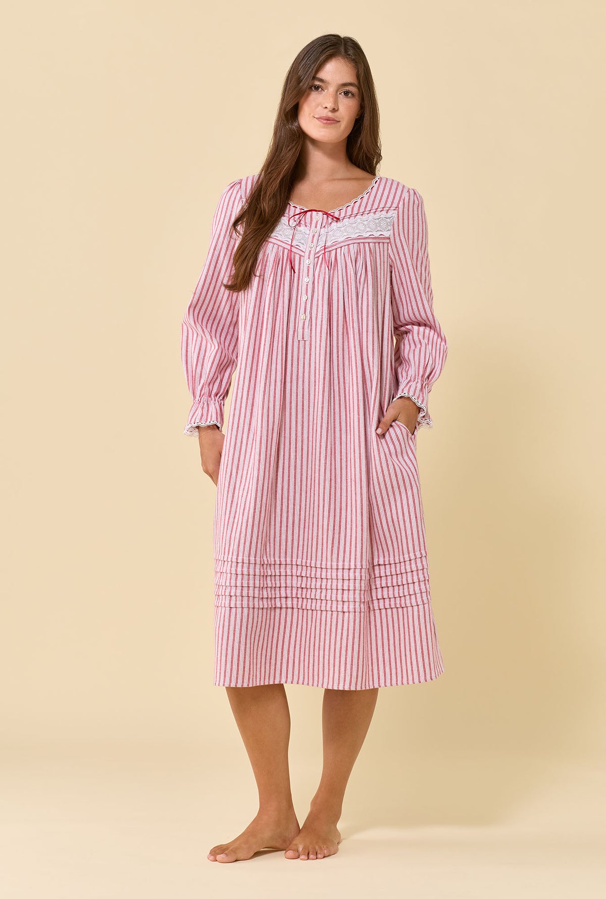 Cranberry Stripe 100% Cotton Flannel Long Sleeve Waltz Nightgown