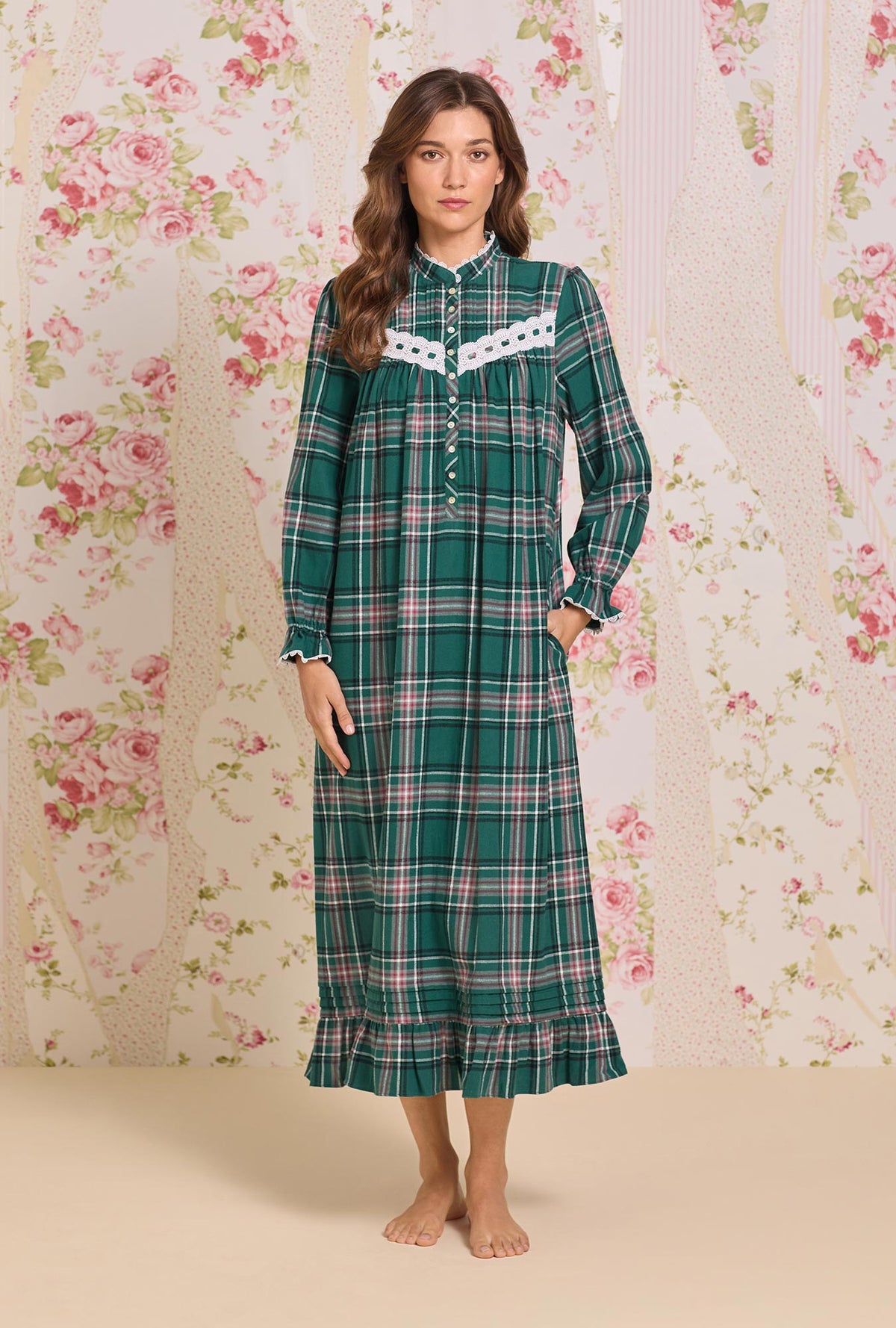 A Lady wearing Evergreen Plaid Cotton Flannel Highneck Long Sleeve Ballet Nightgown