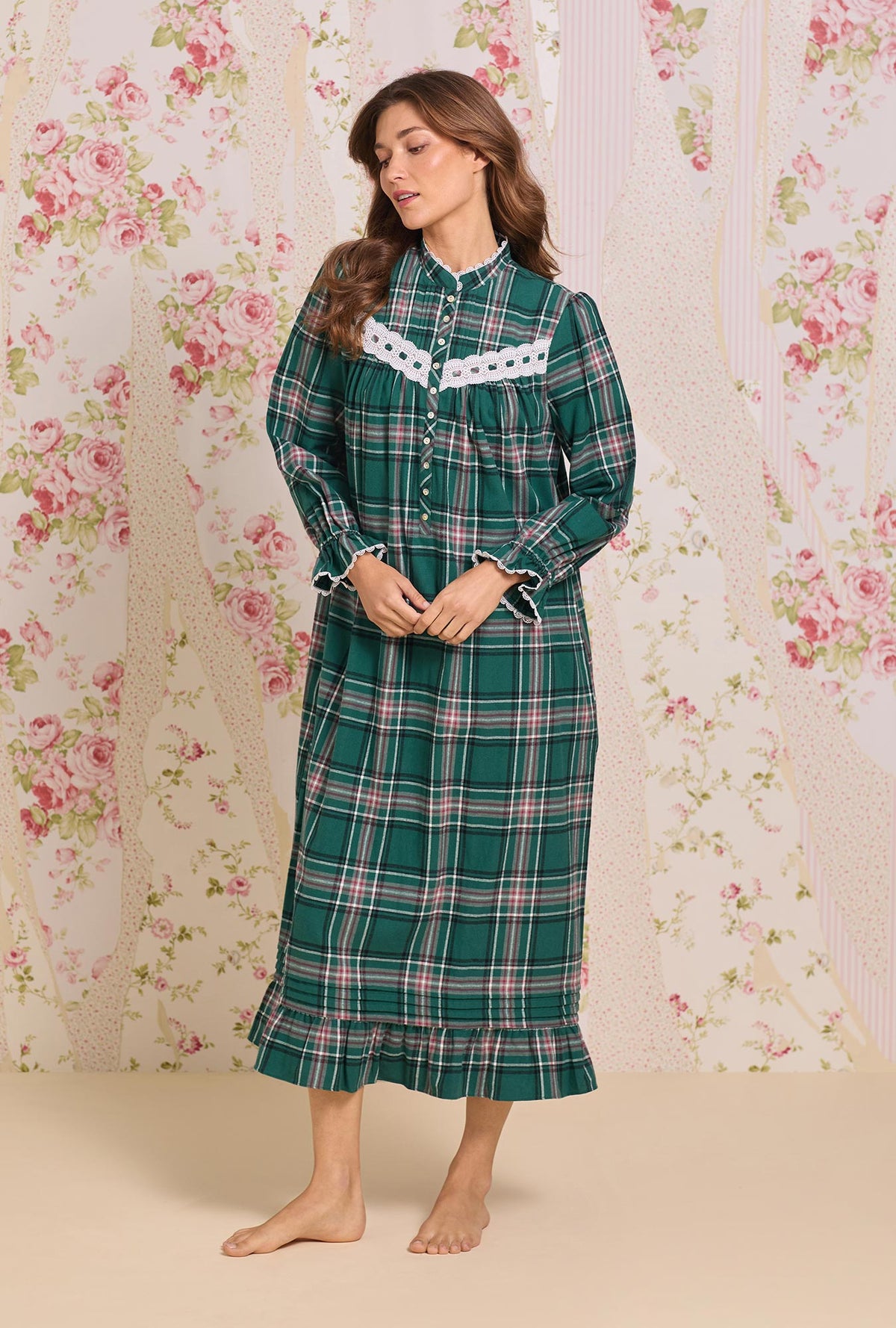 Evergreen Plaid Cotton Flannel Highneck Long Sleeve Ballet Nightgown