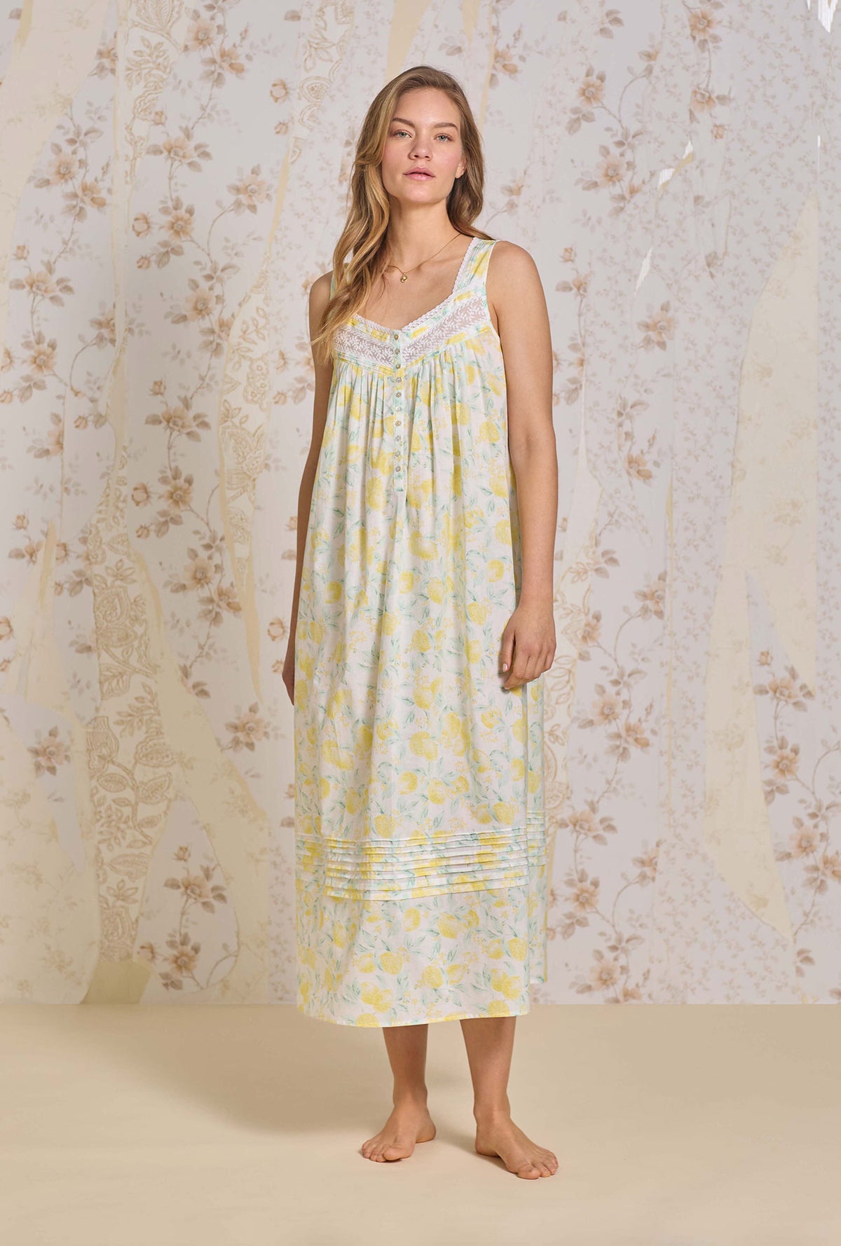 A lady wearing The "Eileen" Limoncello Cotton Lawn Ballet Nightgown