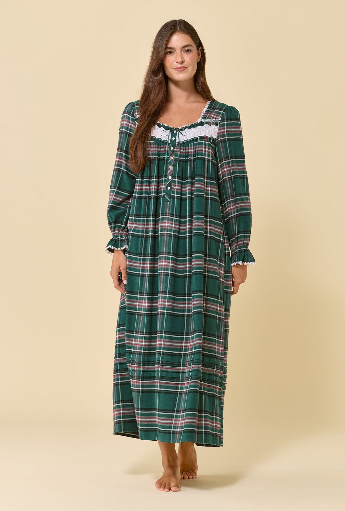 A lady wearing Cedar Plaid 100% Cotton Flannel Long Sleeve Ballet Nightgown