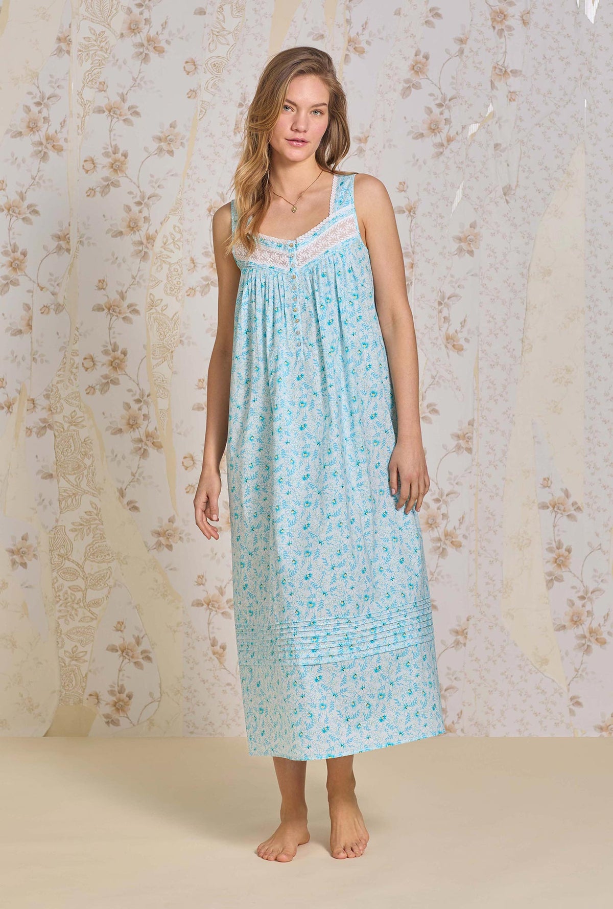 A lady wearing The "Eileen" Daisy Haze Cotton Lawn Ballet Nightgown