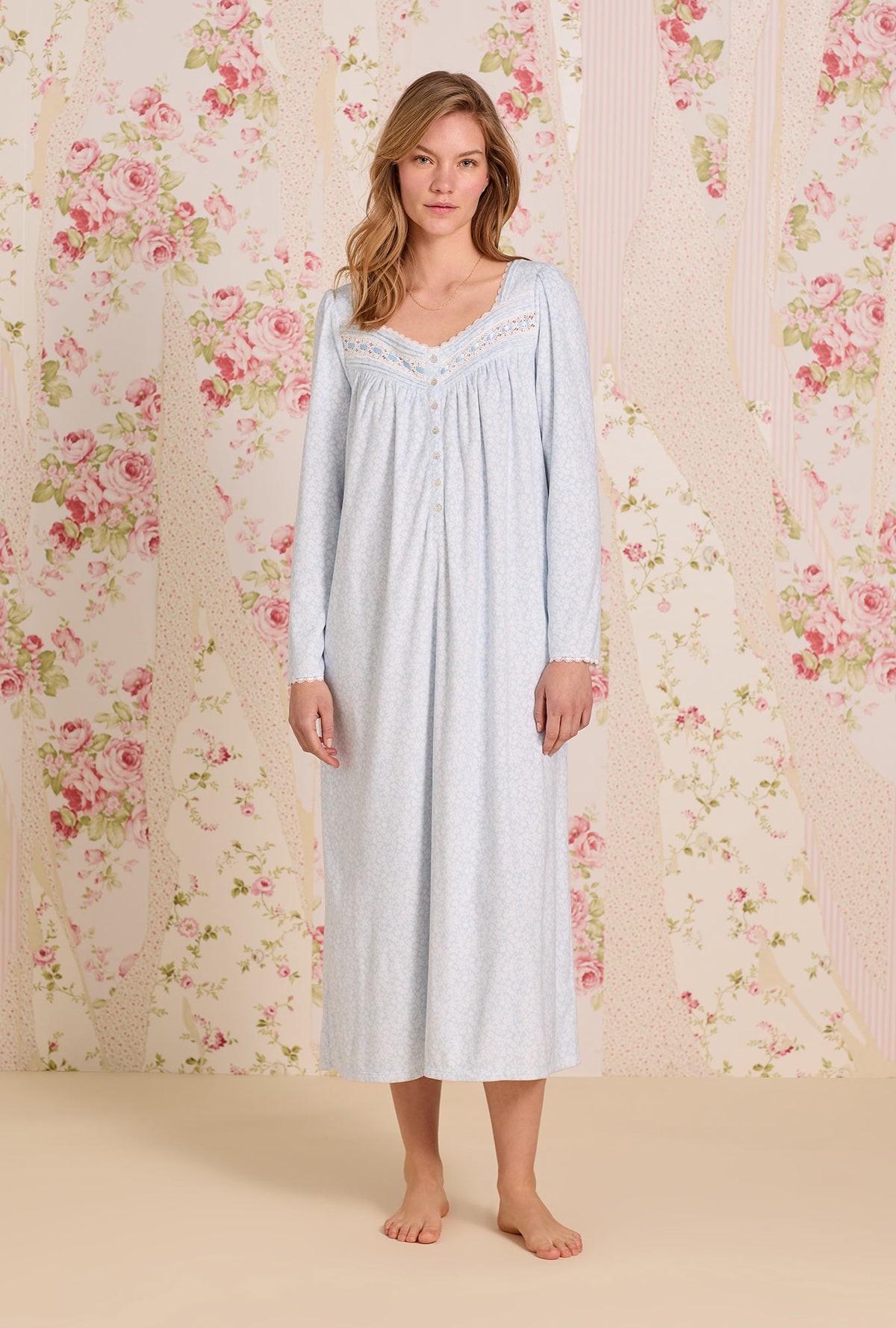 A Lady wearing Powder Petal Dream Fleece Long Sleeve Ballet Nightgown
