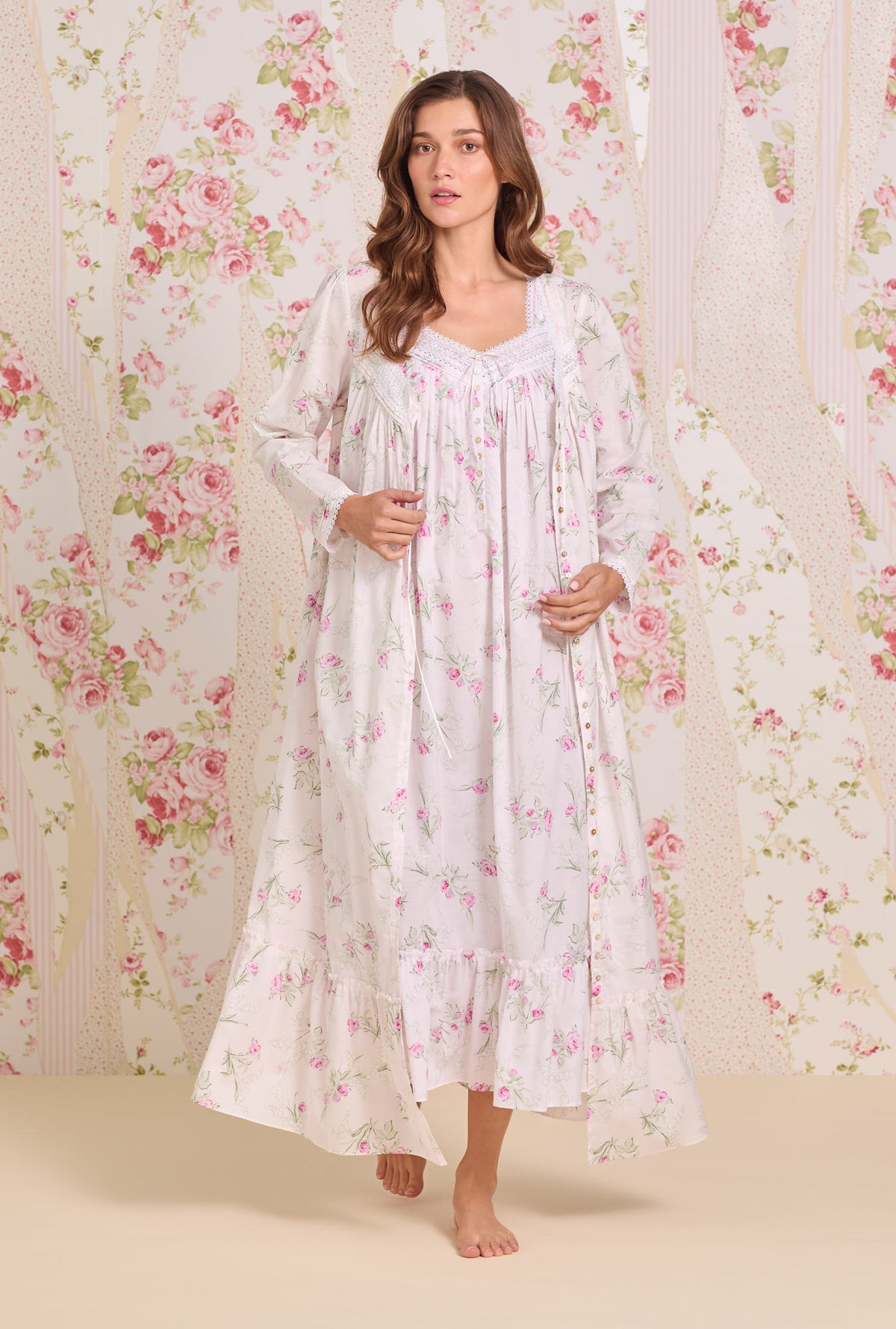A lady wearing Blush Bouquet Cotton Lawn Button Front Robe