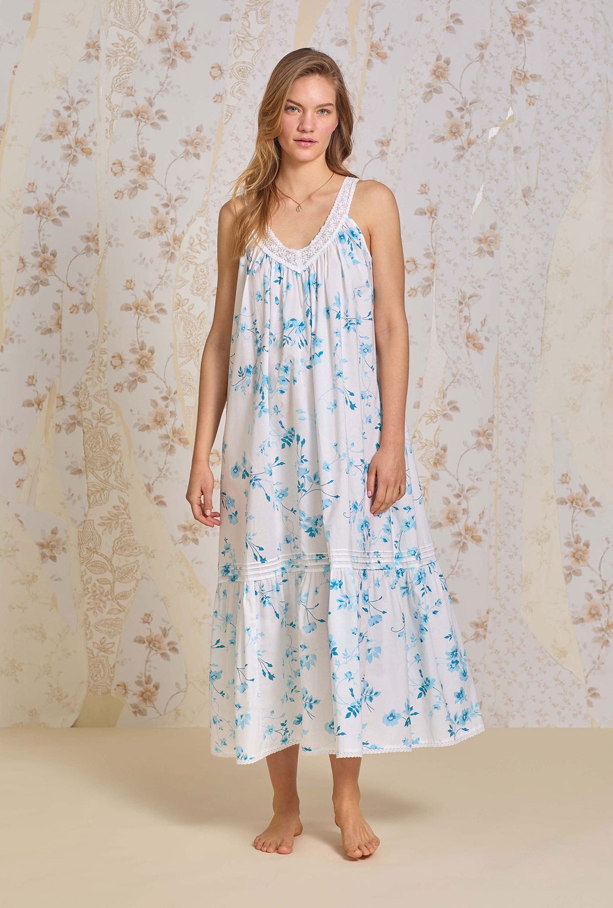 A lady wearing The "Faye" Aqua Dream Cotton Lawn Ballet Nightgown