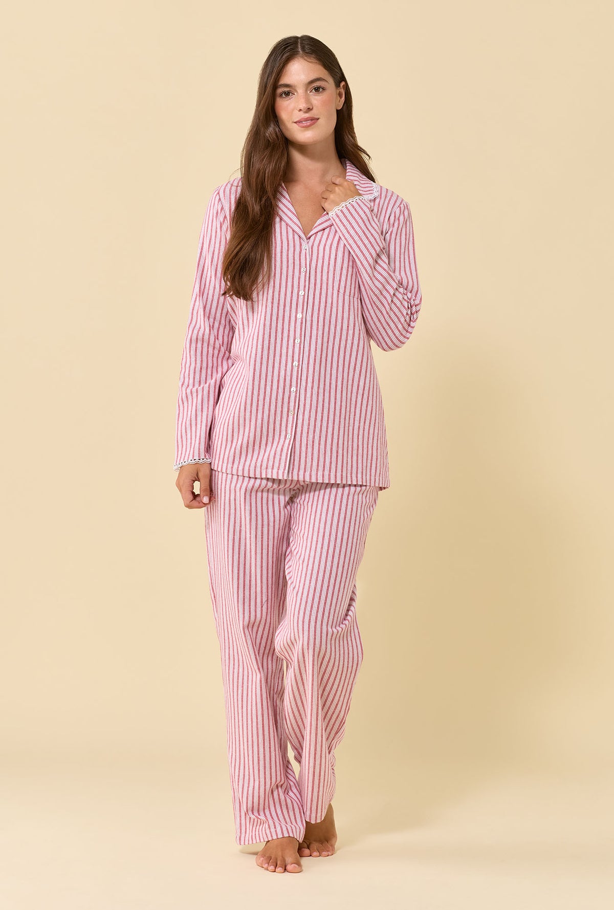 Cranberry Stripe 100% Cotton Flannel Long Sleeve Pajama Set