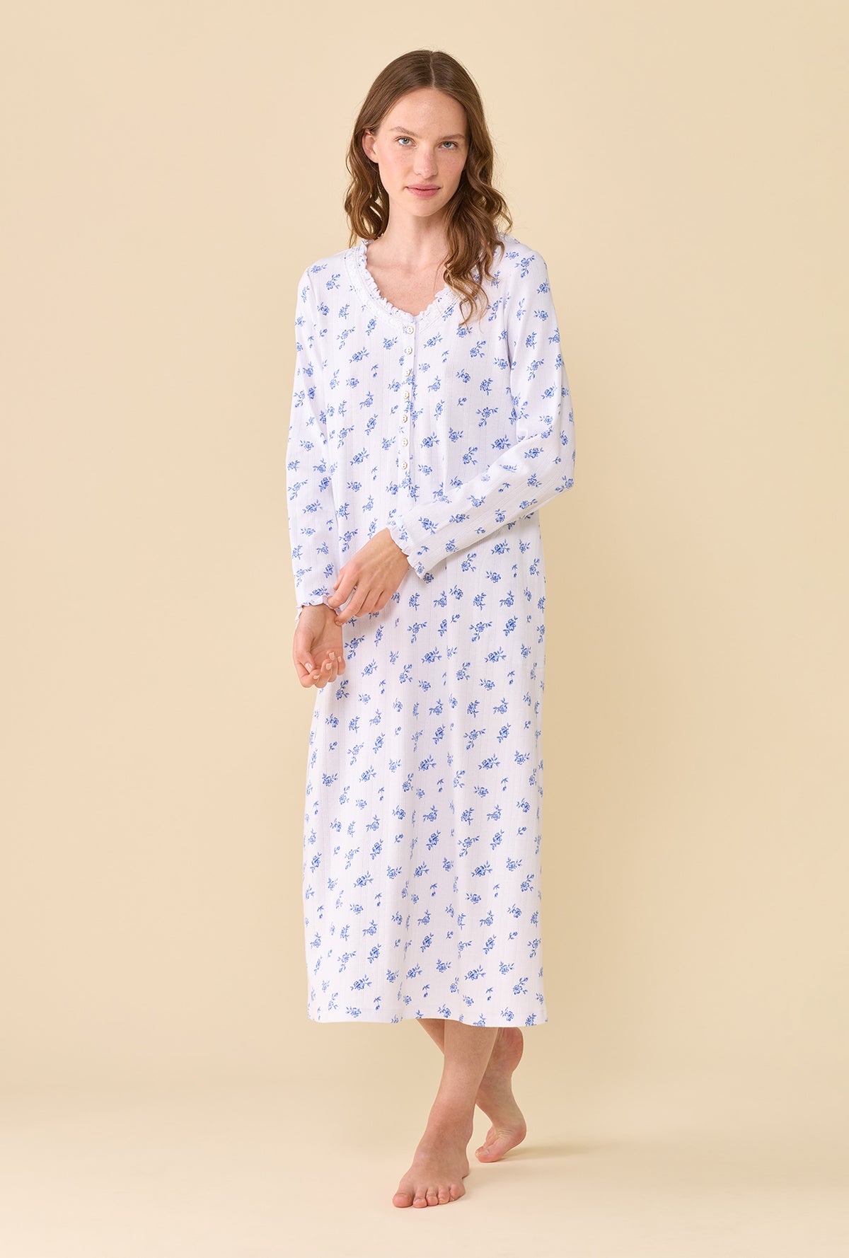 Forget-Me-Not 100% Cotton Pointelle Long Sleeve Nightdress
