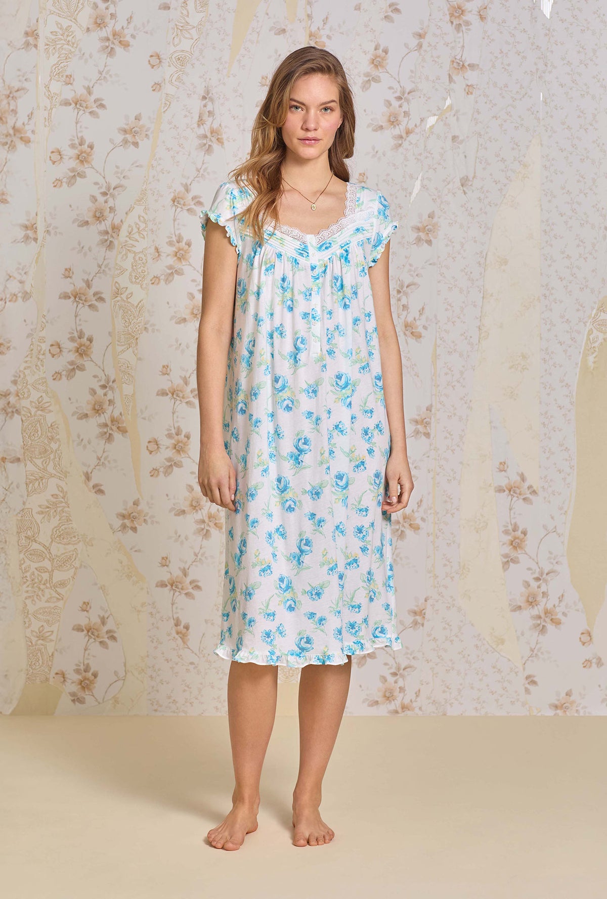 A lady wearing Bluebelle Mist Cotton Modal Waltz Nightgown