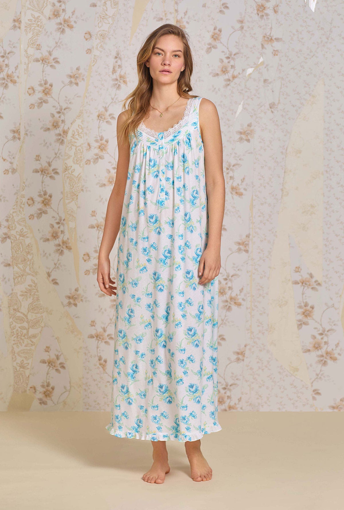 A lady wearing The "Eileen" Bluebell Mist Cotton Modal Ballet Nightgown