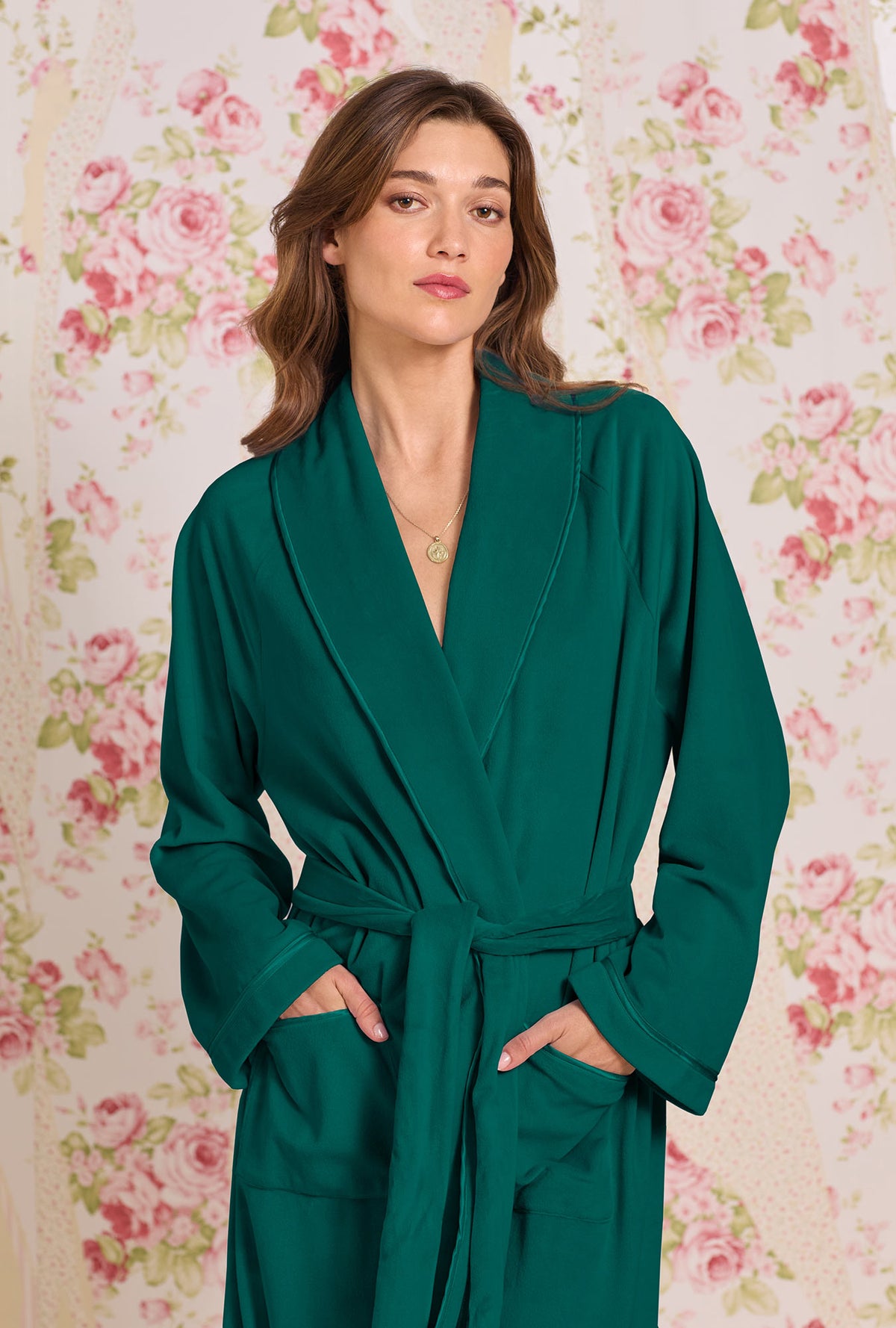 Hunter Green;@A lady wearing Lux Velour Long Wrap Robe