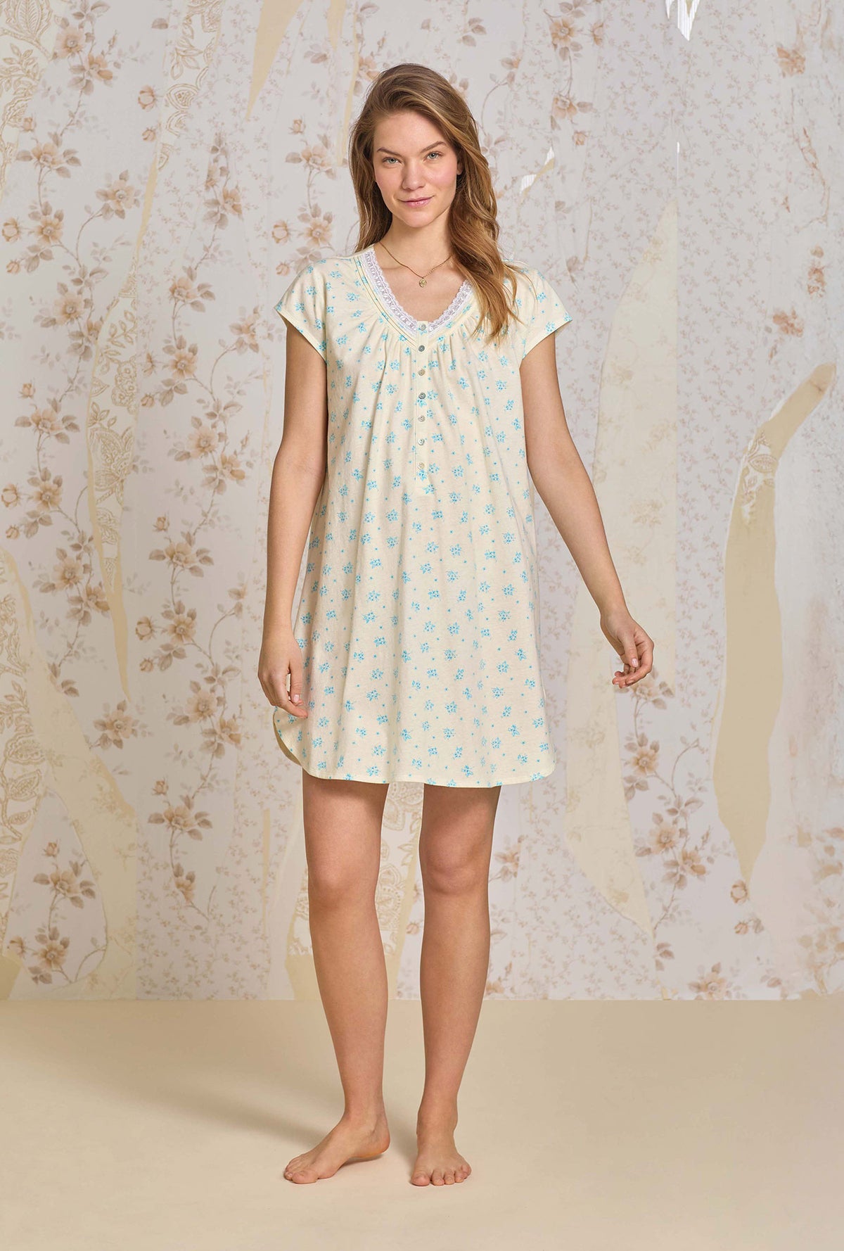 A lady wearing Chamomile Sky Cotton Knit Nightshirt