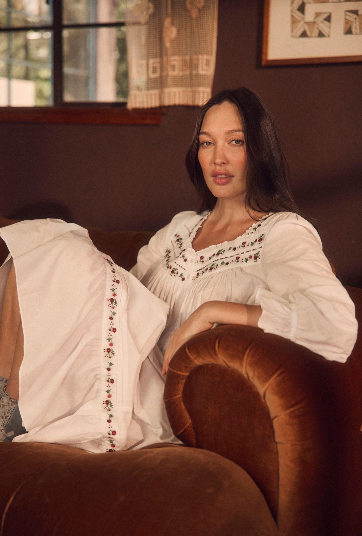 A Lady wearing Iconic White Rosevine Embroidered Long Sleeve Cotton Lawn Nightgown