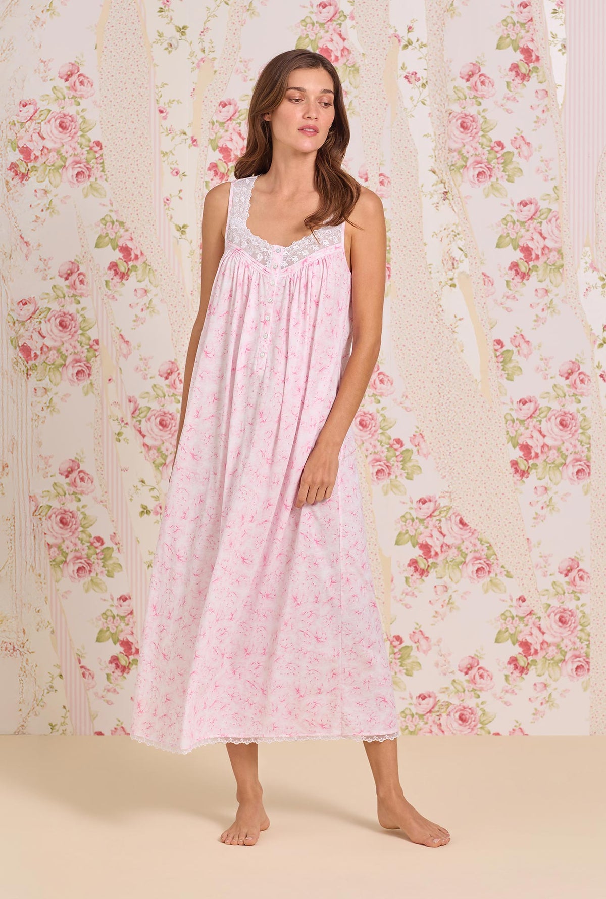 A Lady Wearing The "Eileen" Blush Garden Cotton Modal Ballet Nightgown