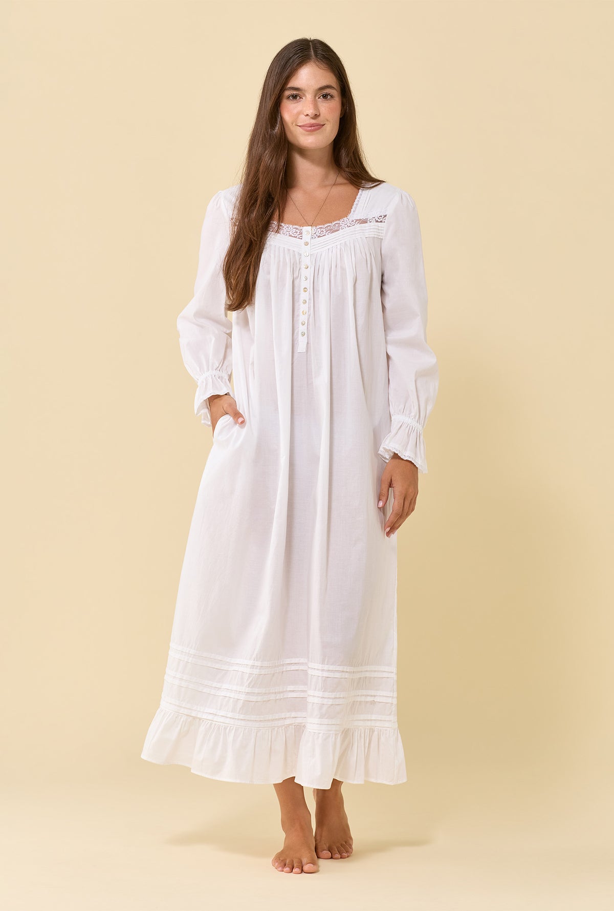 Soft White 100% Cotton Woven Lawn Long Sleeve Ballet Nightgown