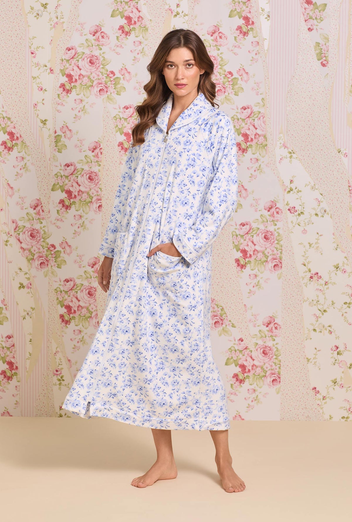 Icy Floral Lux Velour Long Zip Robe