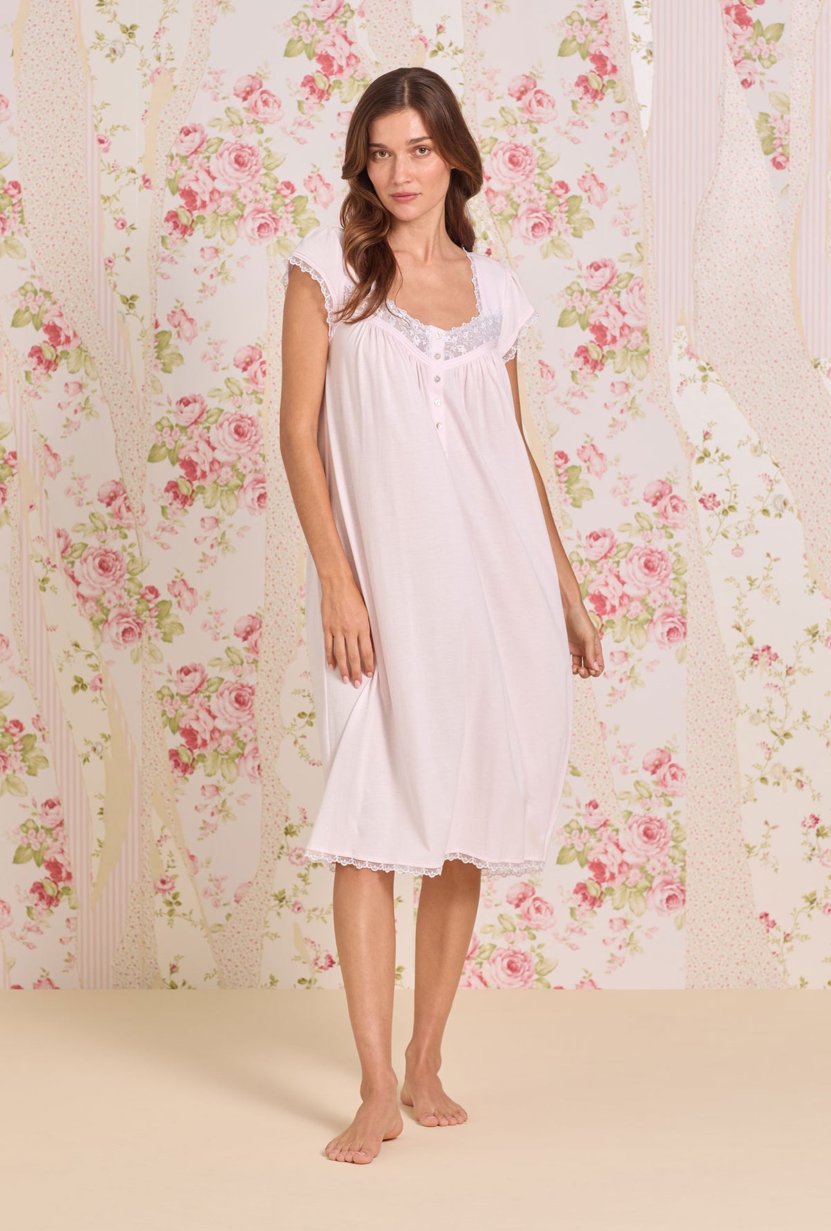 A Lady Wearing Ballet Slipper Cotton Modal Cap Sleeve Waltz Nightgown