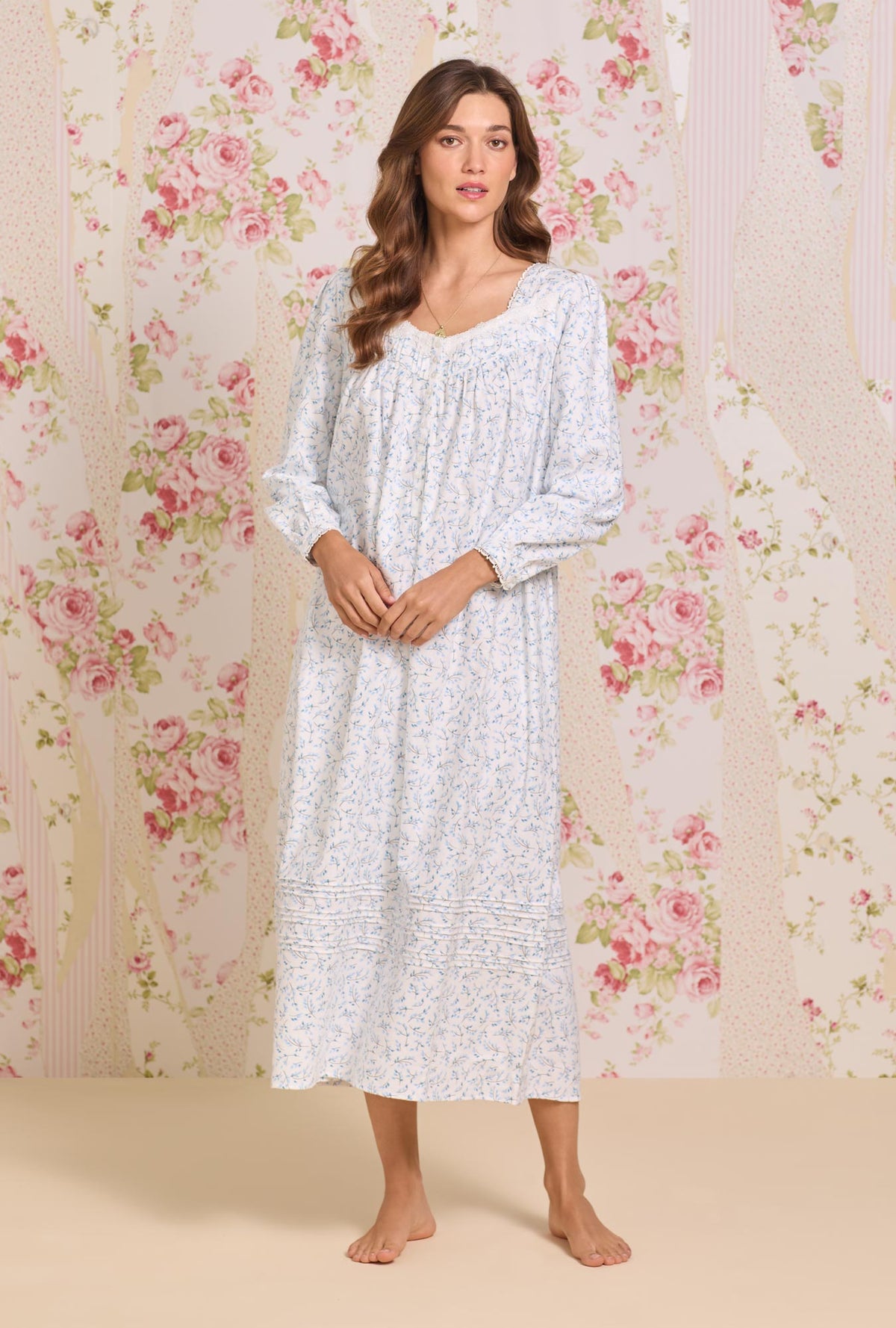 A lady wearing Frosted Leaves Cotton Flannel Long Sleeve Ballet Nightgown