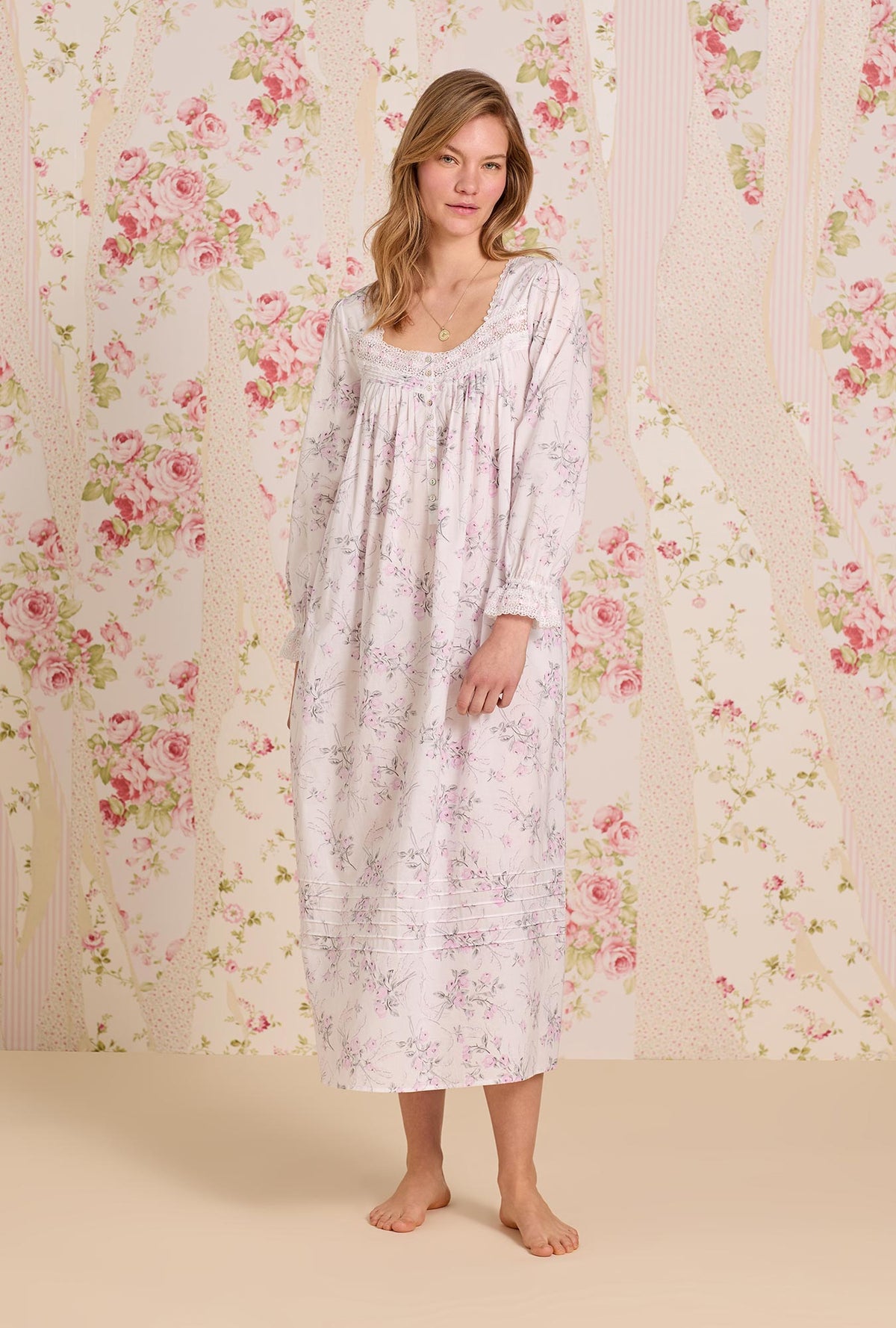 A lady wearing Quiet Bloom Cotton Lawn Long Sleeve Ballet Nightgown