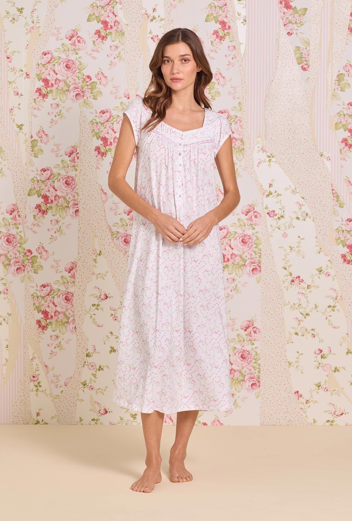 A Lady Wearing Rosevine Ditsy Cotton Knit Cap Sleeve Ballet Nightgown