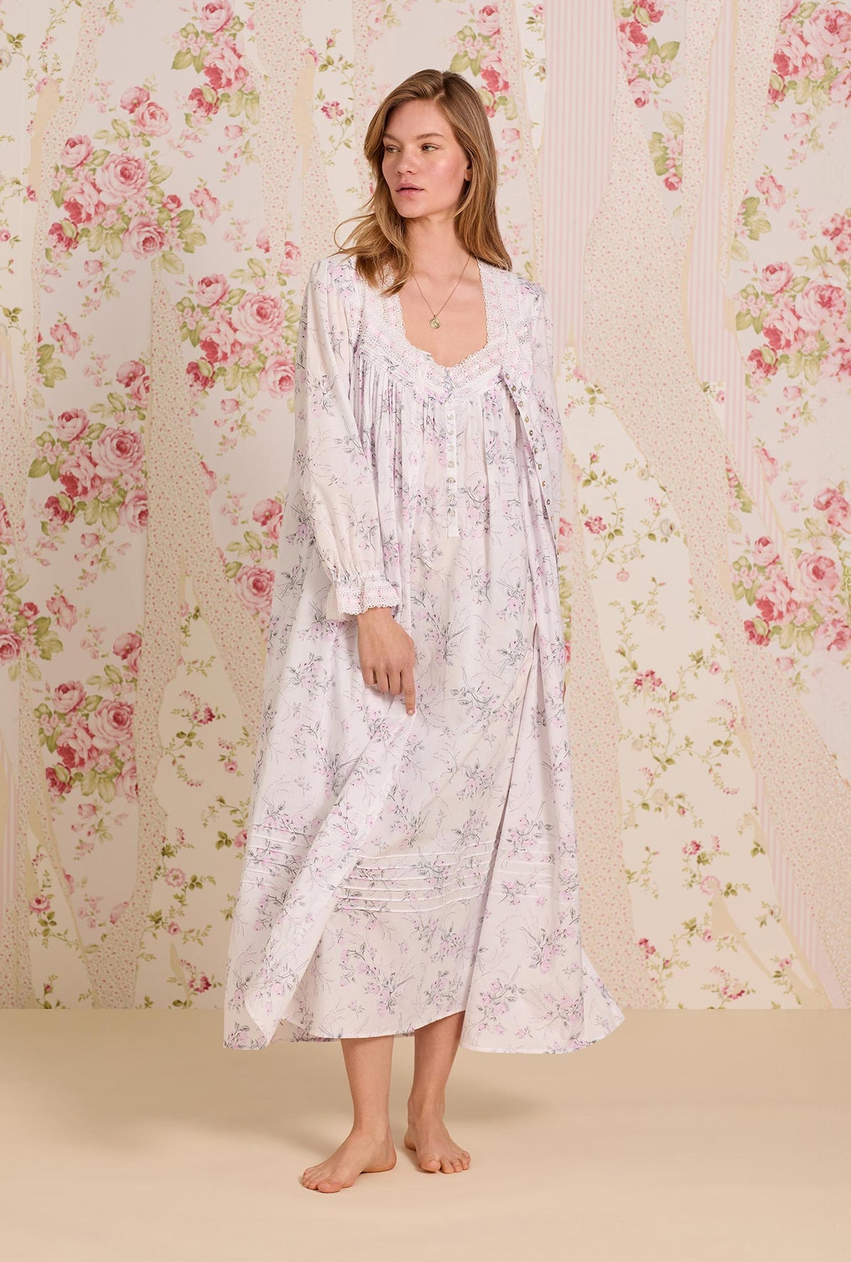 A lady wearing Quiet Bloom Cotton Lawn Button Front Robe