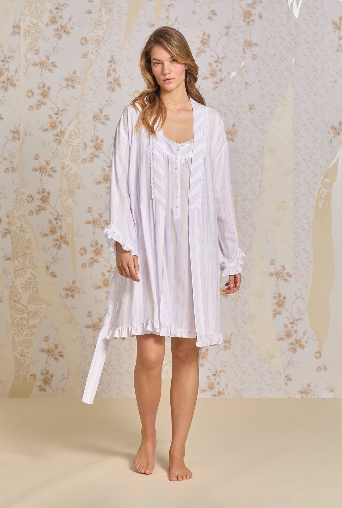 A lady wearing Montauk Stripe Ecovero™ Rayon Short Wrap Robe