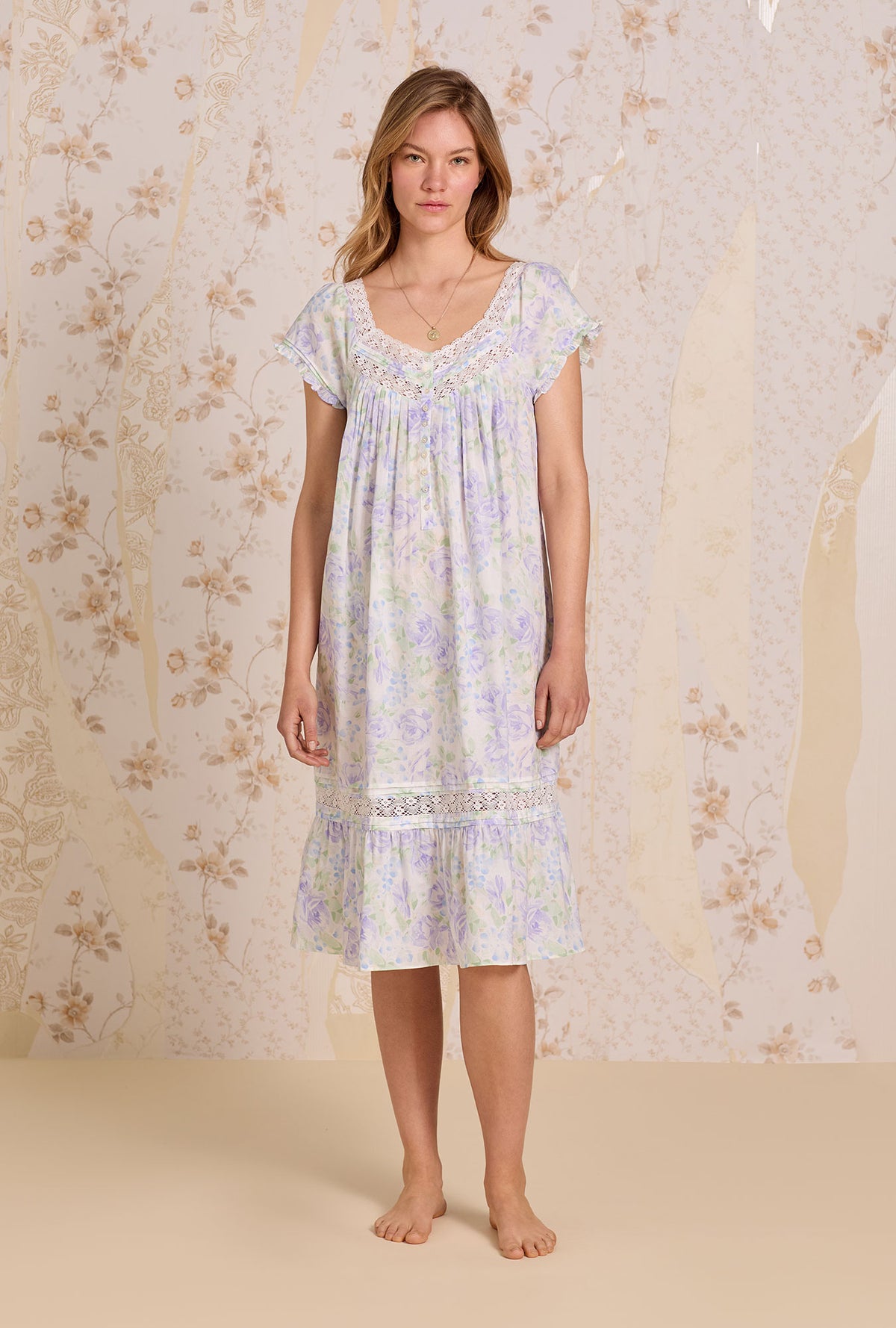 A lady wearing Lavender Echo Cotton Lawn Waltz Nightgown