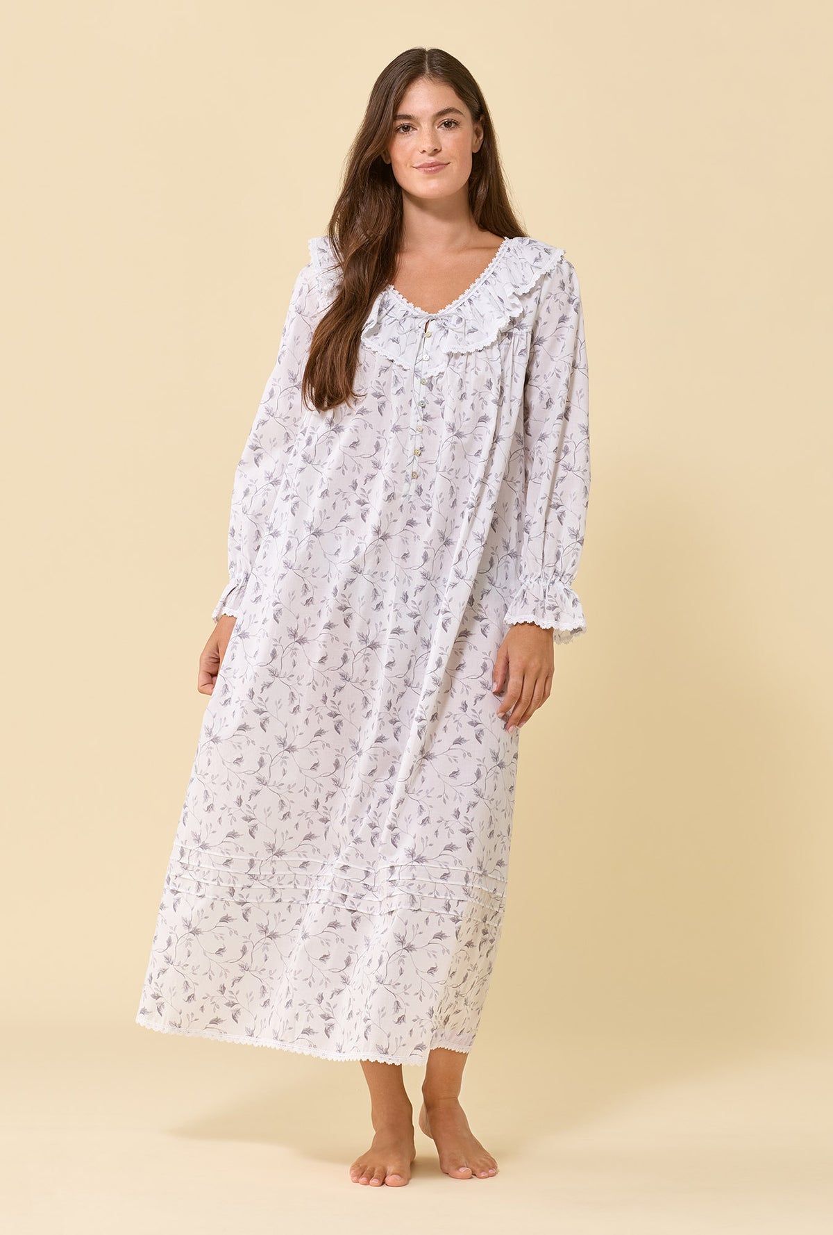 Clara Silver Willow 100% Cotton Woven Lawn Long Sleeve Nightdress