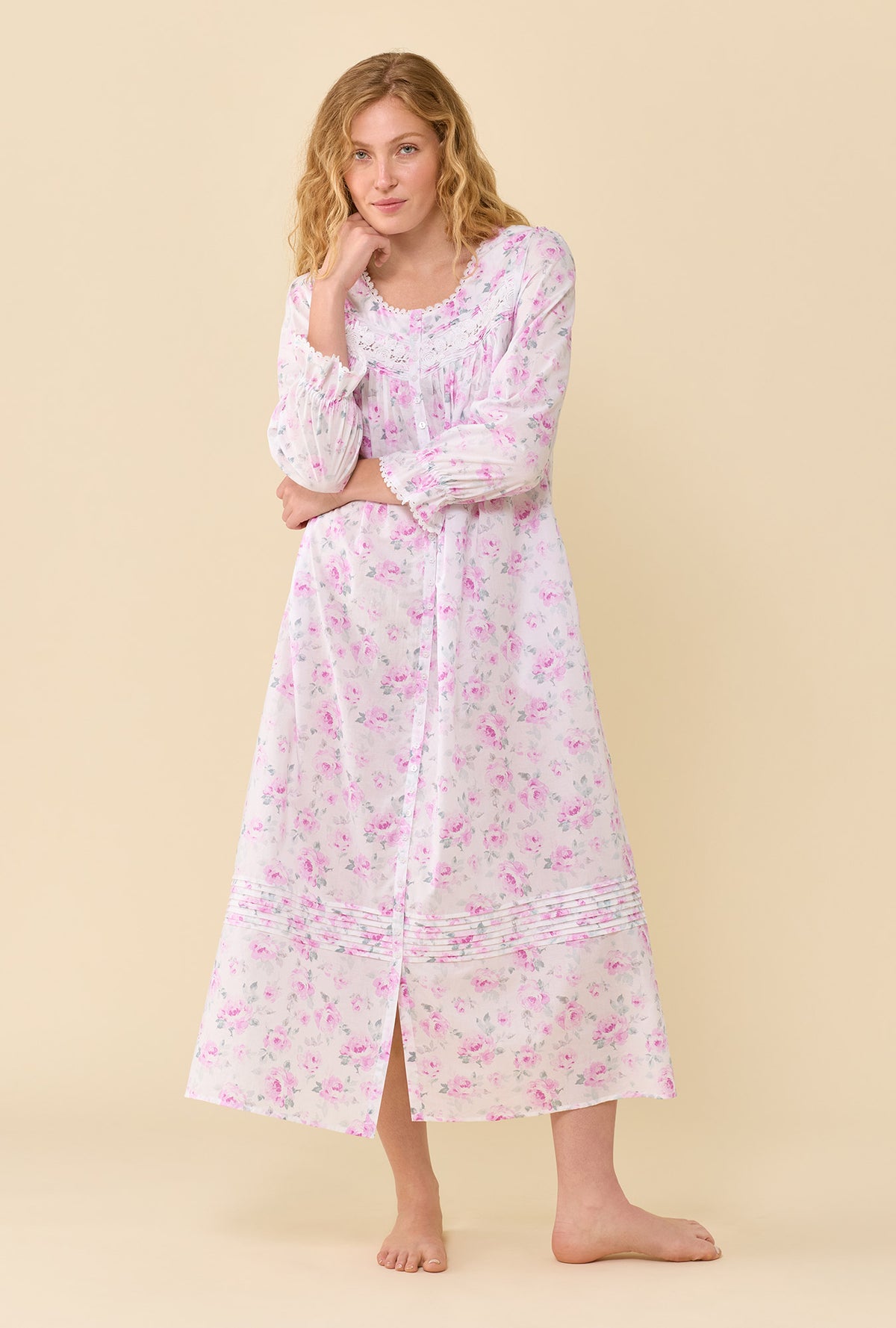 A lady wearing Antique Rose 100% Cotton Woven Lawn Long Robe
