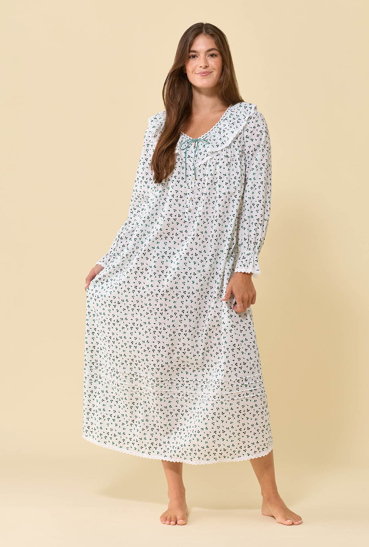 Clara Meadow Sage 100% Cotton Woven Lawn Long Sleeve Nightdress