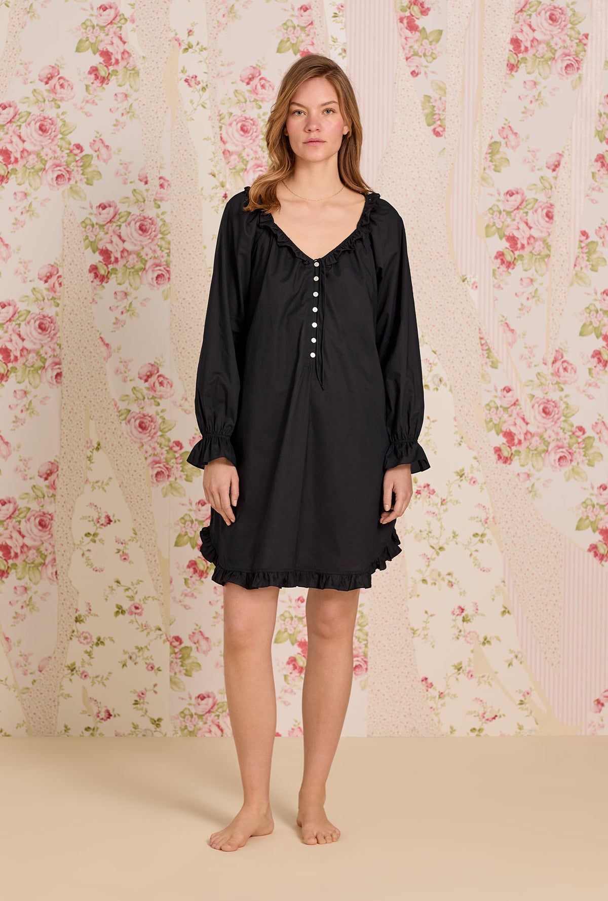 A lady wearing Iconic Black Cotton Lawn Poet Shirt