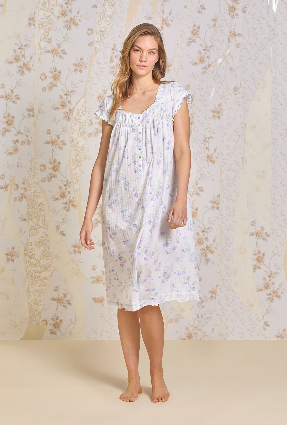 A lady wearing Wild Carnation Cotton Pointelle Waltz Nightgown